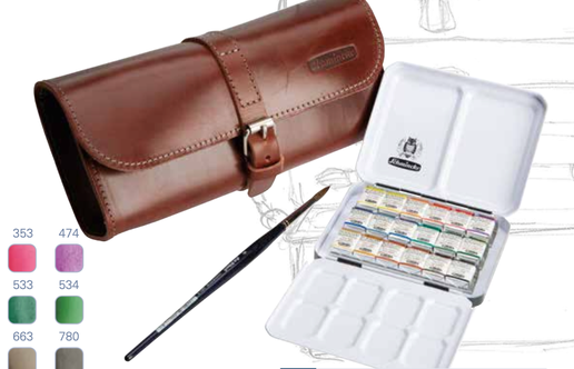Aquarelle Horadam - 18 demi-godets - Coffret métallique – Sac en cuir - Schmincke
