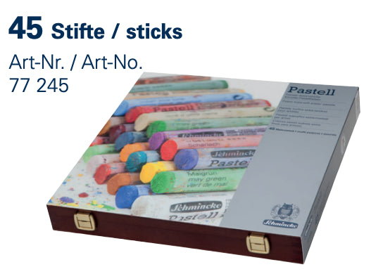 Ensemble 45 pastels, boite en bois
