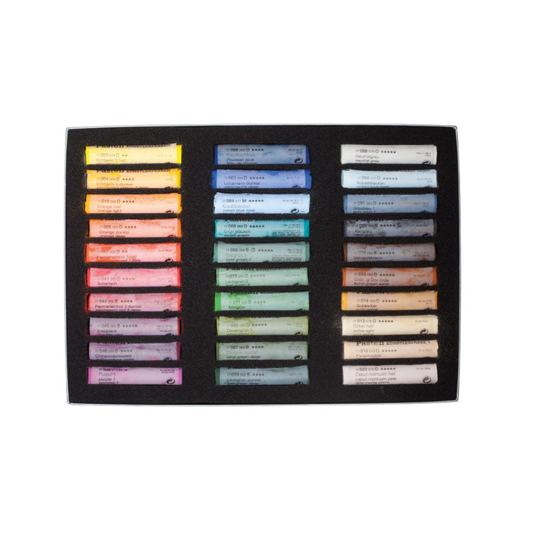 Ensemble 30 pastels, boite de carton